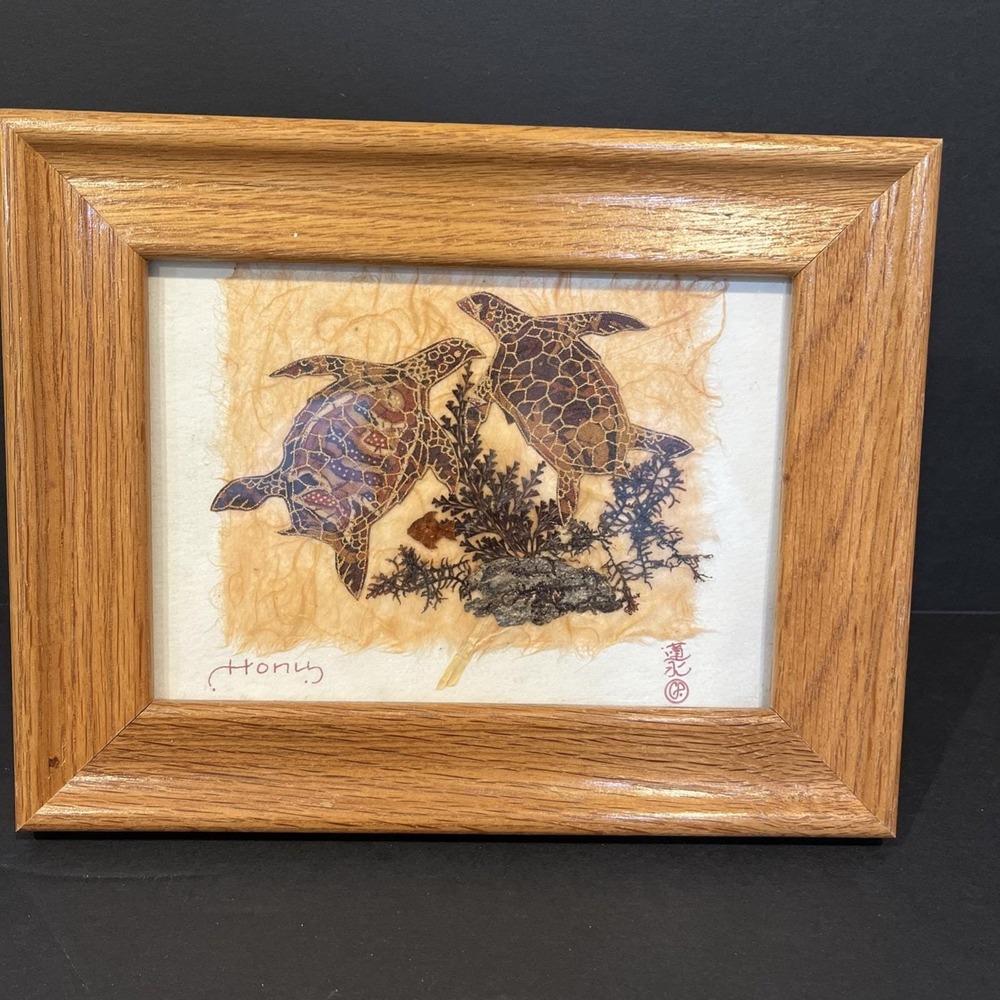 VTG Seaweed Art Print Handmade Home Made Turtles Sea Weed Signed Collage Framed